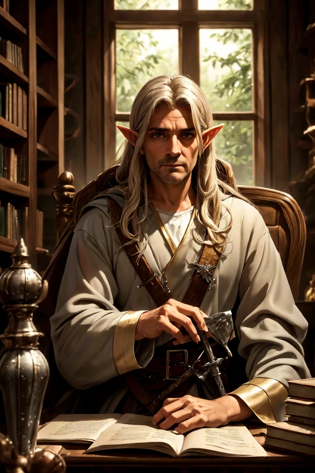 Elf 50 year old man who is wearing a fancy cleric robe with a battle sword on his shoulder, sitting behind a desk with lots of papers piled behind him in a full library lots of books scattered everywhere. GRAY HAIR, CLEAN SHAVEN, NO BEARD. Not Stubble on face, No five O'clock shadow.
