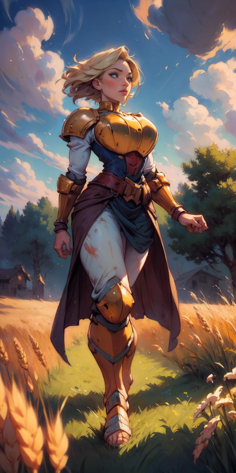 stunning painting of a knight with blonde hair, wheat field, epic clouds ((painterly)) ((impressionist)) vibrant, soft edges (((warm glow))) full body whole body view from below 1sologirl, feet together