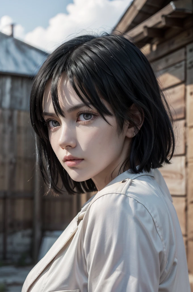 Mikasa from attack on titan, realistic, age 25, extreme pure white skin, black pupils, black bob hair, white uniform on top of that a jacket, perfect face, perfect shape body, large breasts, clothes covered upper body, 3d .