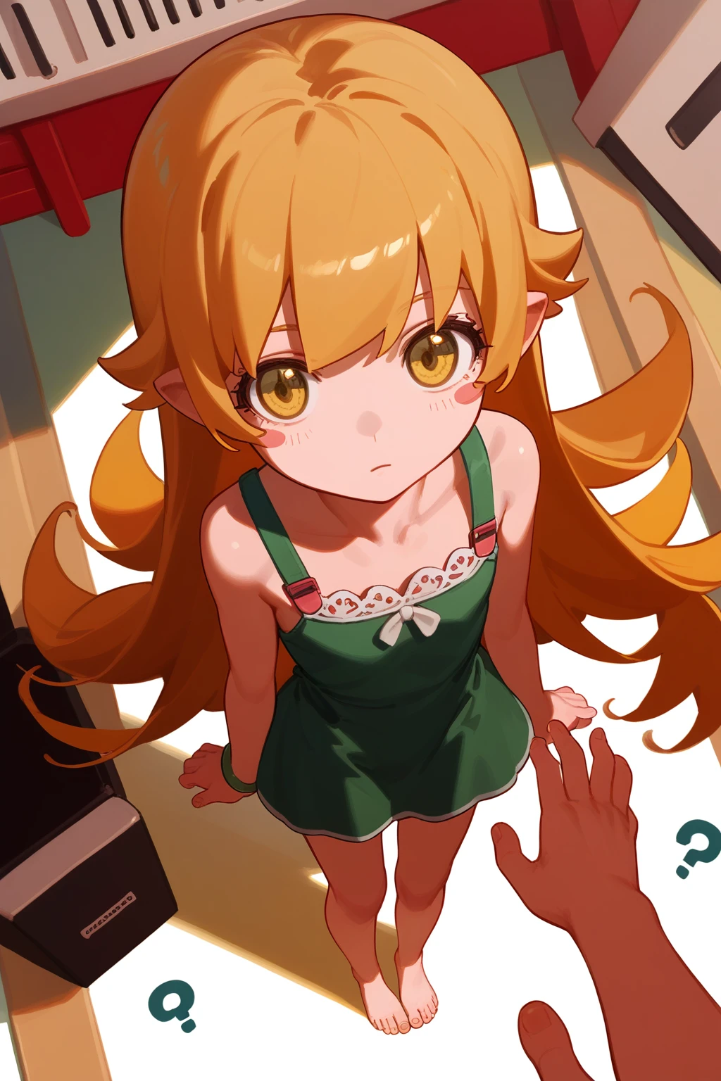 (punctuation_9,punctuation_8_High above,punctuation_7_High above,),oshino shinobu,long hair,standing alone,hair blonde,yellow  eyes,pointy ears,don,white don,blush stickers,bared shoulders,Bare feet,focus on feet,sitting down,