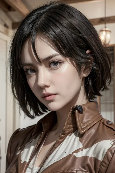 Mikasa from attack on titan, realistic, age 25, extreme pure white skin, brown pupils, black brown hair, white uniform on top of...