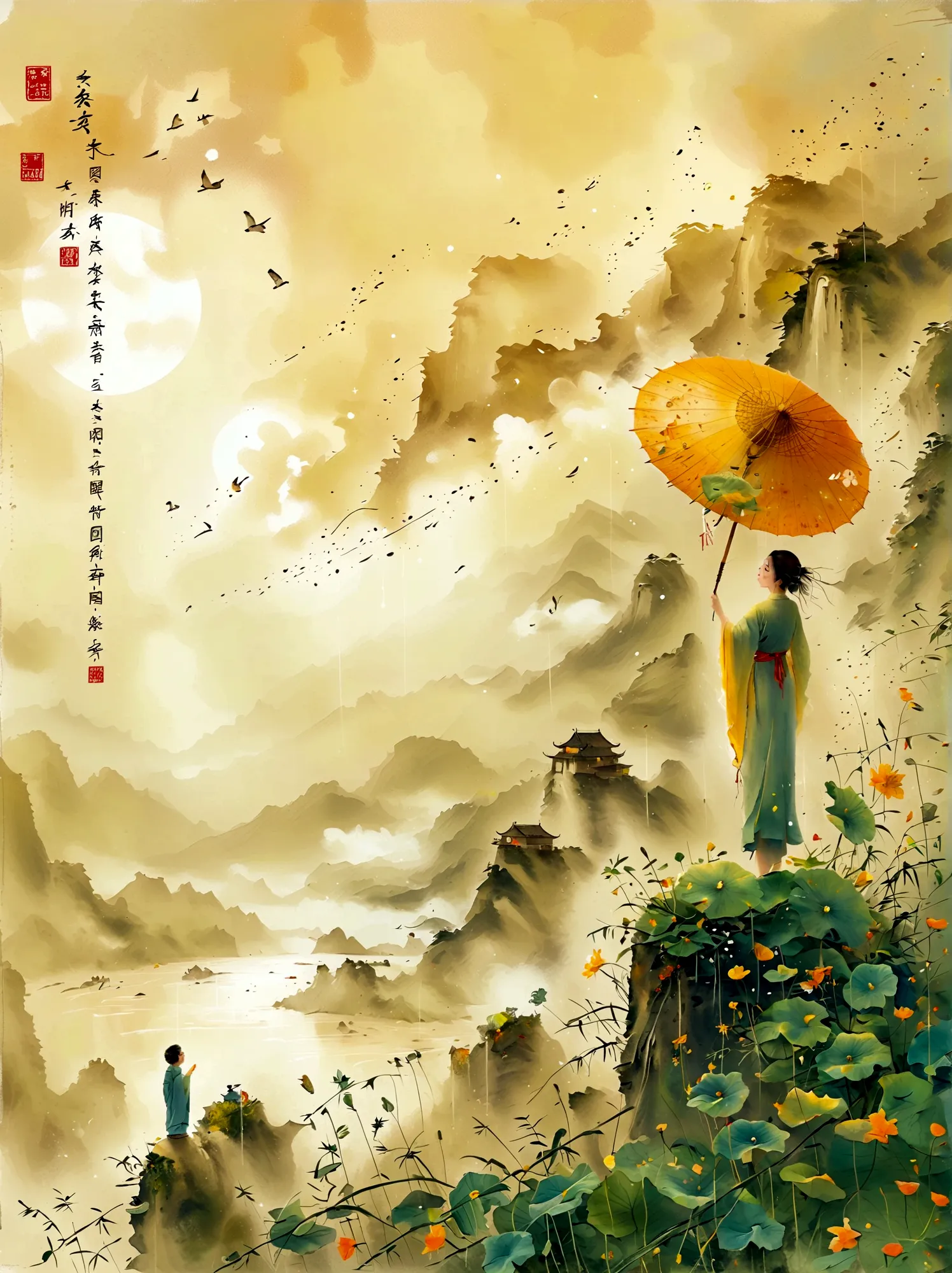 cai guorun's illustration style, 1girl, a woman in a long skirt stands on a cliff and looks up at the starry sky, goddess of spa...