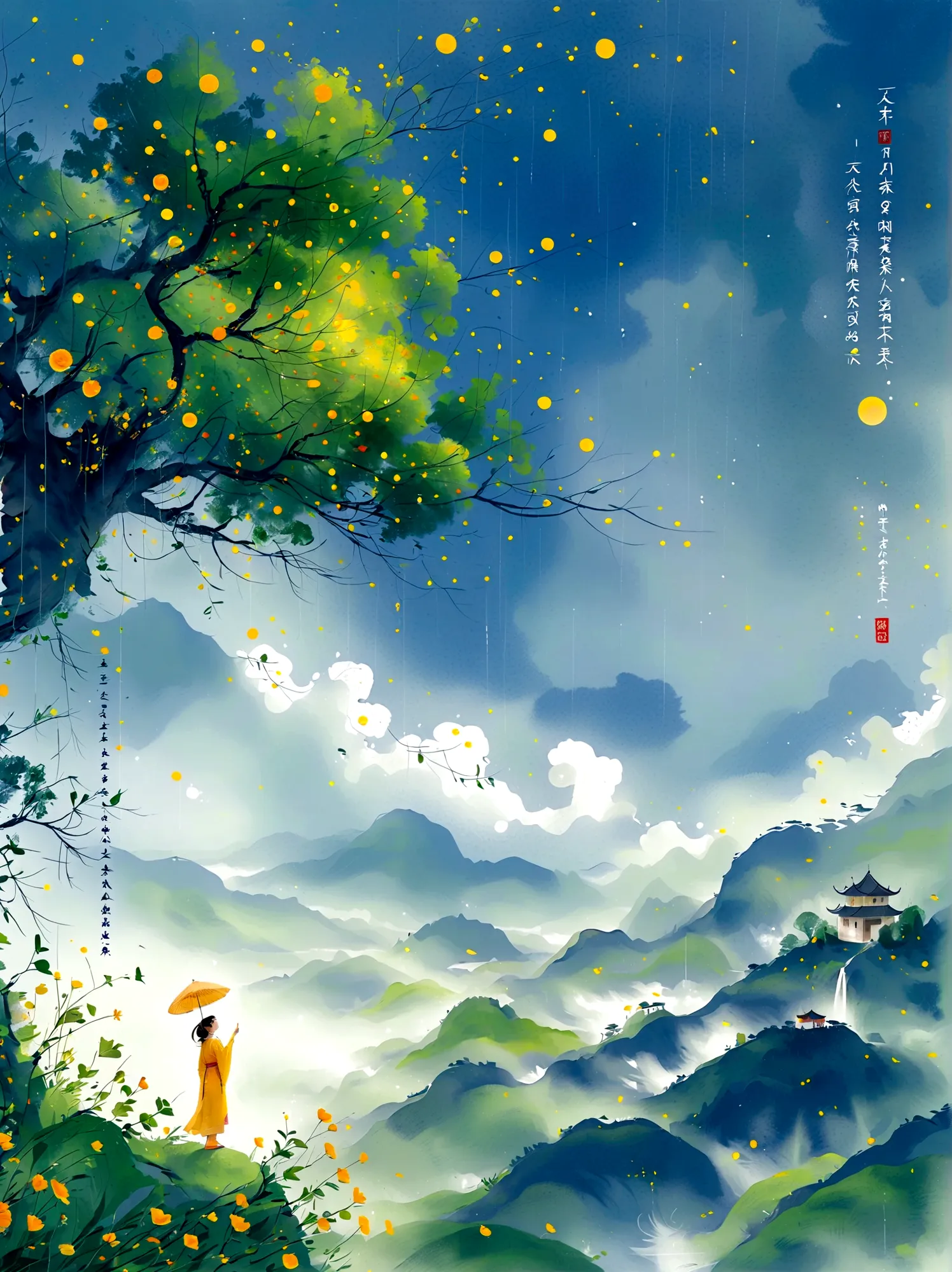 cai guorun's illustration style, 1girl, a woman in a long skirt stands on a cliff and looks up at the starry sky, goddess of spa...