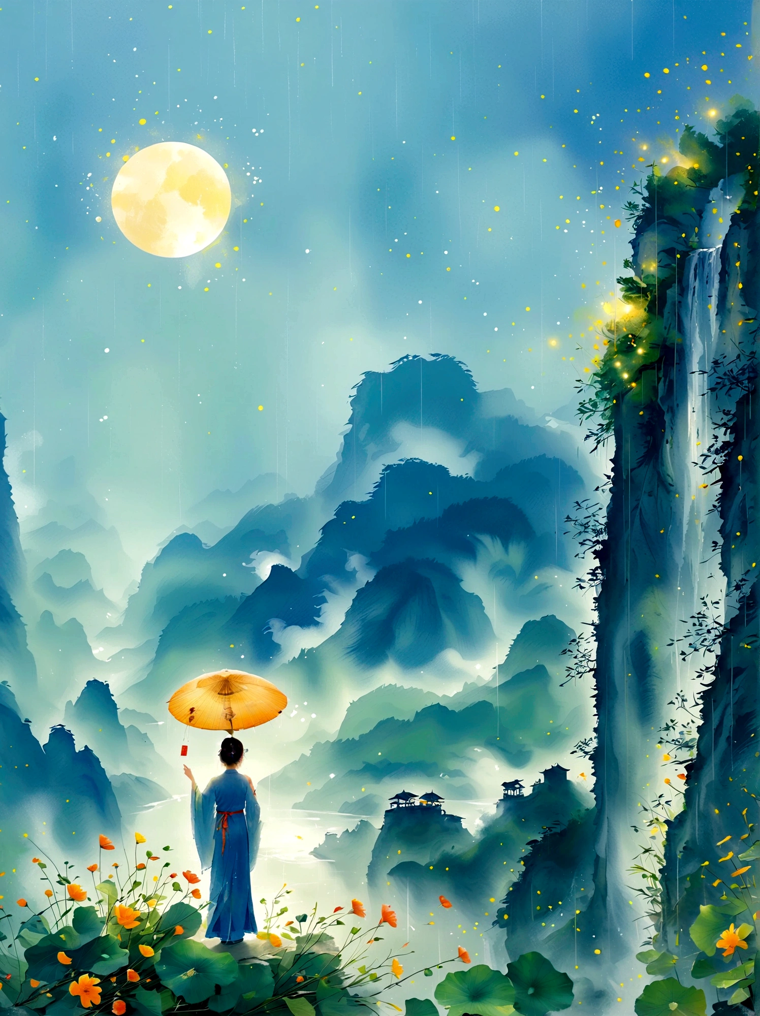 Cai GuoRUN's illustration style, 1girl, A woman in a long skirt stands on a cliff and looks up at the starry sky, Goddess of space, Milky Way Goddess, Goddess of Heaven, Astral Ethereal, dream, Beautiful celestial wizard, Beautiful fantasy painting, Beautiful fantasy art, Ethereal fantasy, Very Beautiful fantasy art, Digital Art Fantasy, enchanting and otherworldly, Fantasy Beauty, The beautiful art of Octane UHD 8k rendering, Volumetric Light, Natural soft light, (Ultra-delicate:1.2, Loss of focus:1.2, Colorful, Movie Lighting, Ray Tracing), Super rich, Ultra Detailed, 1cgrssh1, Chiaroscuro, masterpiece, 8k