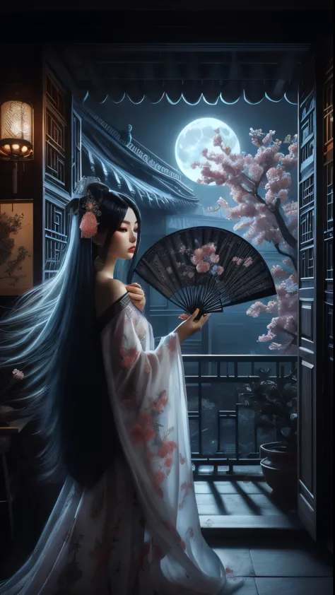 An ultra beautiful Asian woman long blue-black hair, holding a very ultra ornate long black ancient liquored Asian fighting fan,...