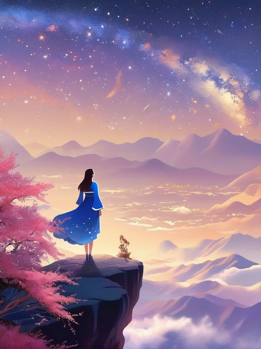 Cai GuoRUN's illustration style, 1girl, A woman in a long skirt stands on a cliff and looks up at the starry sky, Goddess of space, Milky Way Goddess, Goddess of Heaven, Astral Ethereal, dream, Beautiful celestial wizard, Beautiful fantasy painting, Beautiful fantasy art, Ethereal fantasy, Very Beautiful fantasy art, Digital Art Fantasy, enchanting and otherworldly, Fantasy Beauty, The beautiful art of Octane UHD 8k rendering, Volumetric Light, Natural soft light, (Ultra-delicate:1.2, Loss of focus:1.2, Colorful, Movie Lighting, Ray Tracing), Super rich, Ultra Detailed, 1cgrssh1, Chiaroscuro, masterpiece, 8k