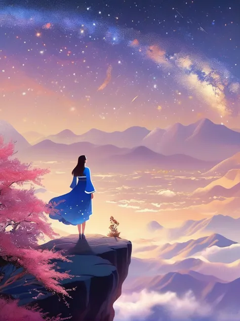 Cai GuoRUN's illustration style, 1girl, A woman in a long skirt stands on a cliff and looks up at the starry sky, Goddess of spa...