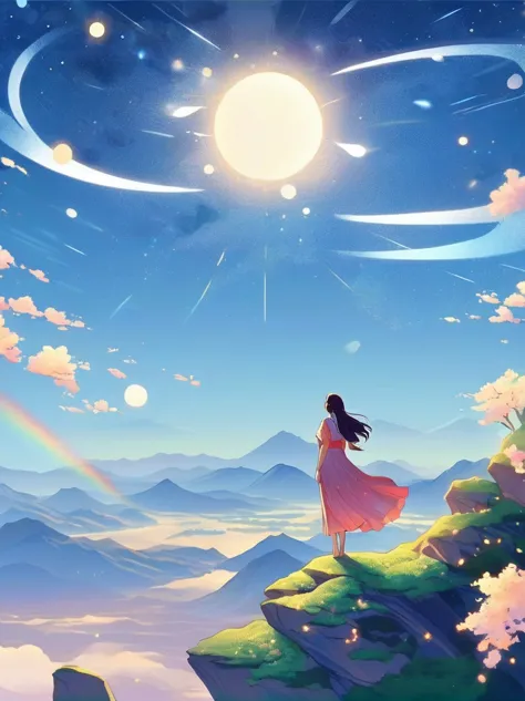 Cai GuoRUN's illustration style, 1girl, A woman in a long skirt stands on a cliff and looks up at the starry sky, Goddess of spa...