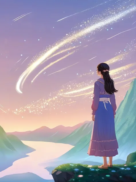 Cai GuoRUN's illustration style, 1girl, A woman in a long skirt stands on a cliff and looks up at the starry sky, Goddess of spa...