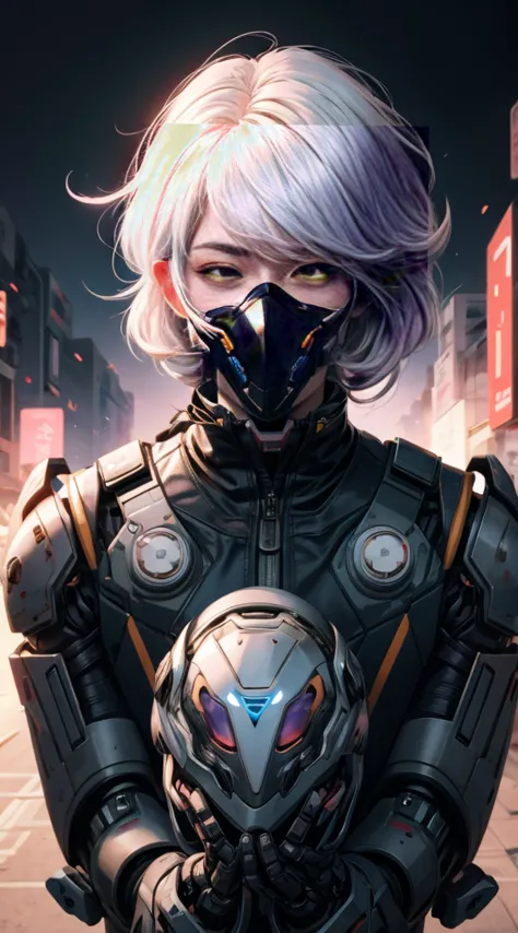 anime girl, white hair, bangs, eye mask covering eyes and nose, robotic arms, holding eyemask aloft, style fusion of atey ghaila...