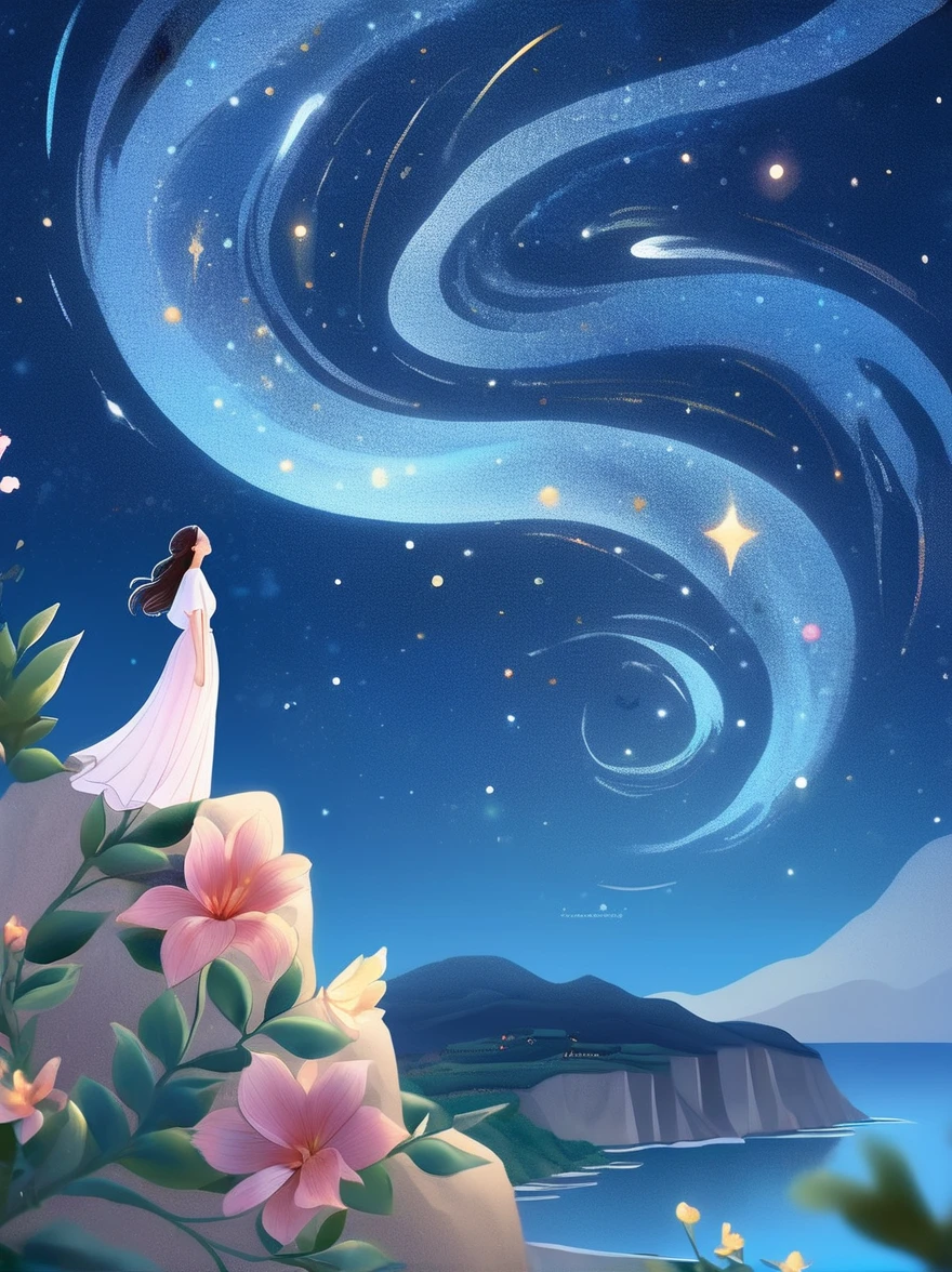 Cai GuoRUN's illustration style, 1girl, A woman in a long skirt stands on a cliff and looks up at the starry sky, Goddess of space, Milky Way Goddess, Goddess of Heaven, Astral Ethereal, dream, Beautiful celestial wizard, Beautiful fantasy painting, Beautiful fantasy art, Ethereal fantasy, Very Beautiful fantasy art, Digital Art Fantasy, enchanting and otherworldly, Fantasy Beauty, The beautiful art of Octane UHD 8k rendering, Volumetric Light, Natural soft light, (Ultra-delicate:1.2, Loss of focus:1.2, Colorful, Movie Lighting, Ray Tracing), Super rich, Ultra Detailed, 1cgrssh1, Chiaroscuro, masterpiece, 8k