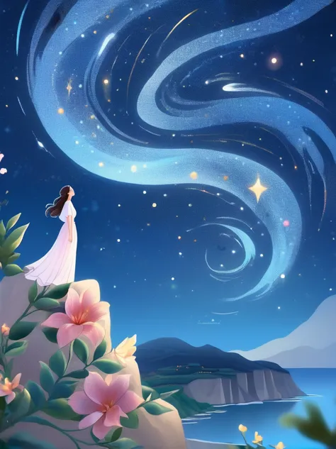 Cai GuoRUN's illustration style, 1girl, A woman in a long skirt stands on a cliff and looks up at the starry sky, Goddess of spa...