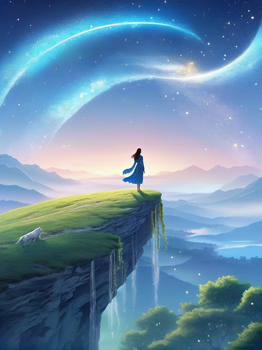 Cai GuoRUN's illustration style, 1girl, A woman in a long skirt stands on a cliff and looks up at the starry sky, Goddess of space, Milky Way Goddess, Goddess of Heaven, Astral Ethereal, dream, Beautiful celestial wizard, Beautiful fantasy painting, Beautiful fantasy art, Ethereal fantasy, Very Beautiful fantasy art, Digital Art Fantasy, enchanting and otherworldly, Fantasy Beauty, The beautiful art of Octane UHD 8k rendering, Volumetric Light, Natural soft light, (Ultra-delicate:1.2, Loss of focus:1.2, Colorful, Movie Lighting, Ray Tracing), Super rich, Ultra Detailed, 1cgrssh1, Chiaroscuro, masterpiece, 8k