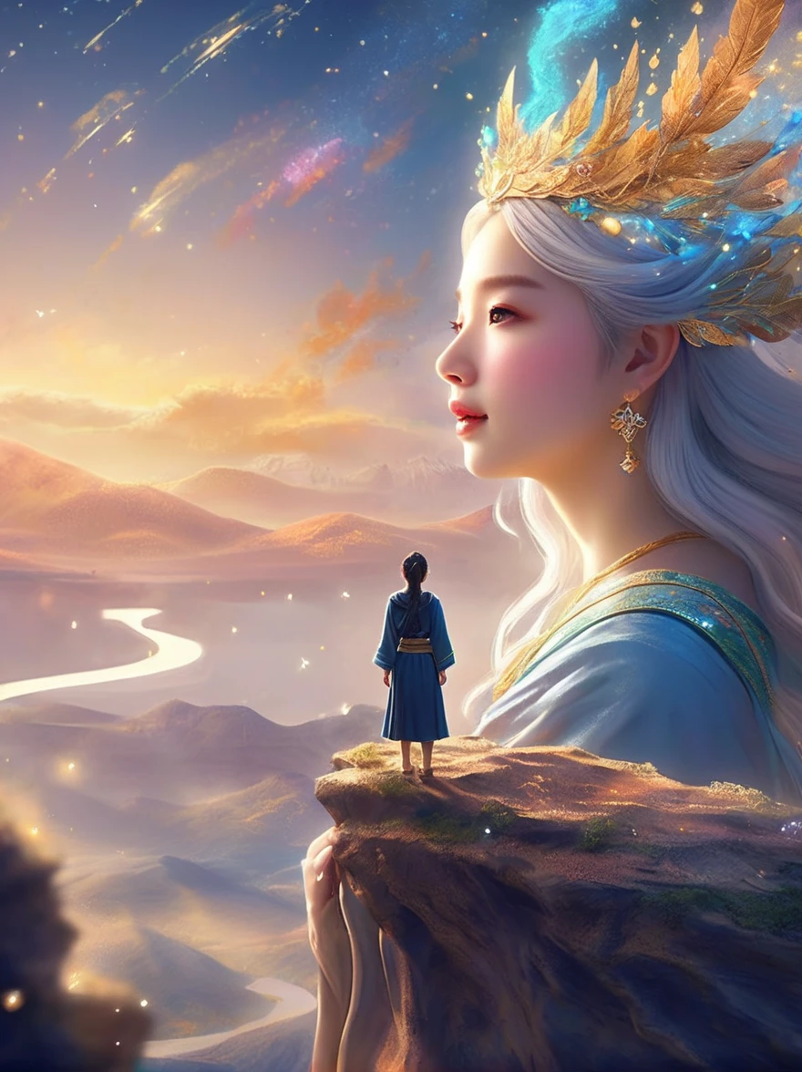 Cai GuoRUN's illustration style, 1girl, A woman in a long skirt stands on a cliff and looks up at the starry sky, Goddess of space, Milky Way Goddess, Goddess of Heaven, Astral Ethereal, dream, Beautiful celestial wizard, Beautiful fantasy painting, Beautiful fantasy art, Ethereal fantasy, Very Beautiful fantasy art, Digital Art Fantasy, enchanting and otherworldly, Fantasy Beauty, The beautiful art of Octane UHD 8k rendering, Volumetric Light, Natural soft light, (Ultra-delicate:1.2, Loss of focus:1.2, Colorful, Movie Lighting, Ray Tracing), Super rich, Ultra Detailed, 1cgrssh1, Chiaroscuro, masterpiece, 8k