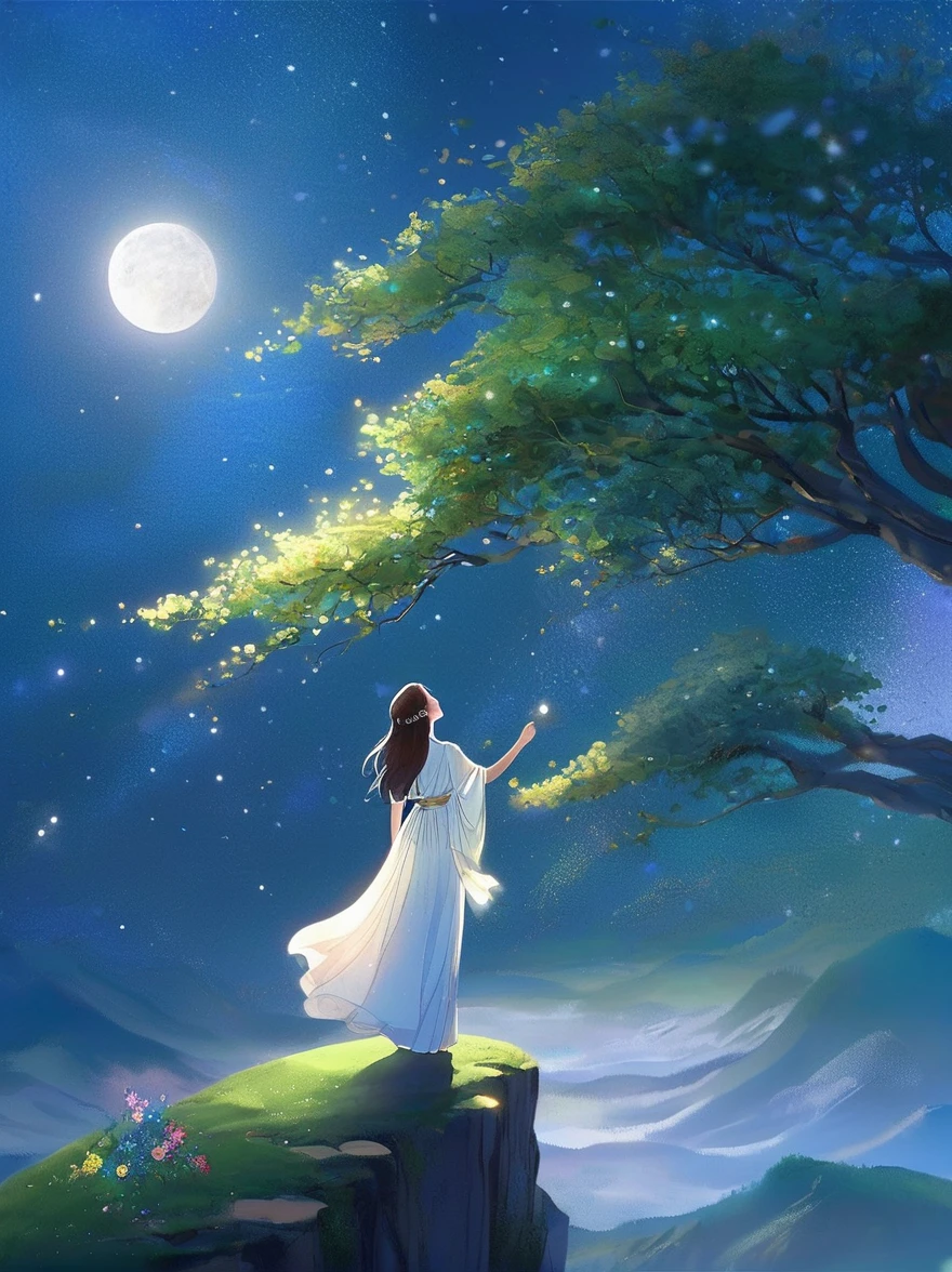 Cai GuoRUN's illustration style, 1girl, A woman in a long skirt stands on a cliff and looks up at the starry sky, Goddess of space, Milky Way Goddess, Goddess of Heaven, Astral Ethereal, dream, Beautiful celestial wizard, Beautiful fantasy painting, Beautiful fantasy art, Ethereal fantasy, Very Beautiful fantasy art, Digital Art Fantasy, enchanting and otherworldly, Fantasy Beauty, The beautiful art of Octane UHD 8k rendering, Volumetric Light, Natural soft light, (Ultra-delicate:1.2, Loss of focus:1.2, Colorful, Movie Lighting, Ray Tracing), Super rich, Ultra Detailed, 1cgrssh1, Chiaroscuro, masterpiece, 8k