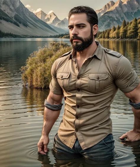 man with a beard and military shirt, standing at the edge of a lake, extremely handsome. (best quality,4k,8k,highres,masterpiece...