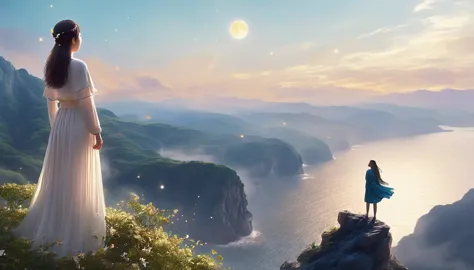 Cai GuoRUN's illustration style, 1girl, A woman in a long skirt stands on a cliff and looks up at the starry sky, Goddess of spa...