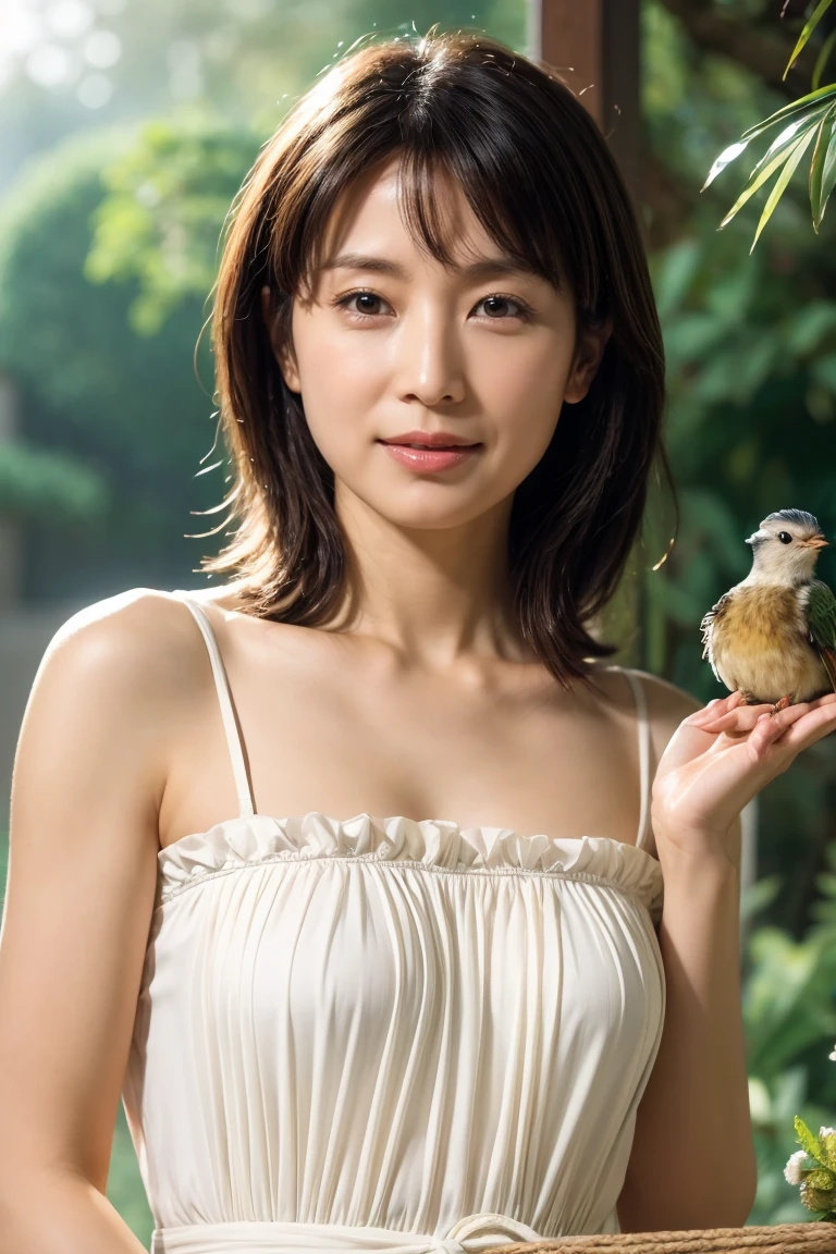 Medium Size Display, Medium Shot, Written boundary depth, bust, Upper Body, Movie angle, masterpiece, Highest quality, Very detailed, CG, 8k wallpaper, Beautiful Face, Delicate eyes, Otome, alone, smile, dress、Small birds flutter、A small bird perches on the shoulder、Feeding the little birds