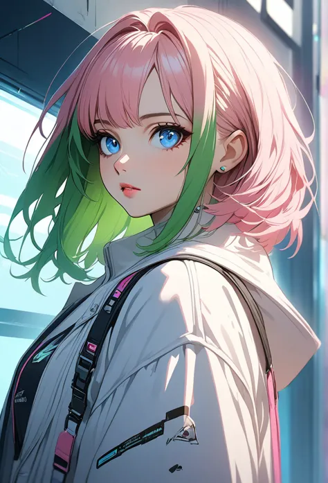 woman, realistic characters, green hair and pink hair, blue eyes, anime, alone, modern, cyber punk