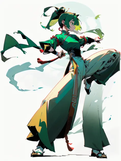 Green Hair、Her hair is short、small breast、upright stance、full body、Fighter、Uniform、Chinese Knight、Chinese style、White background...