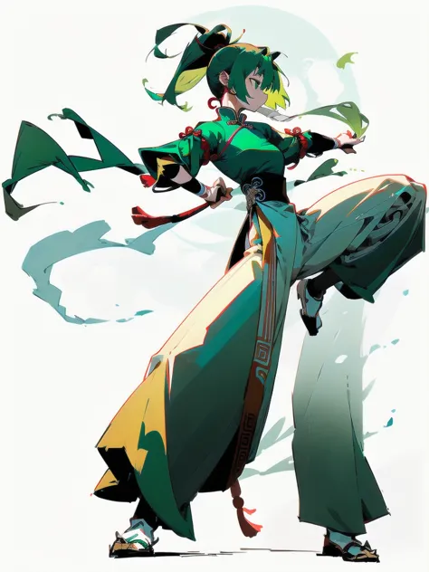 green hair、her hair is short、small breast、upright stance、full body、fighter、uniform、chinese knight、chinese style、white background...