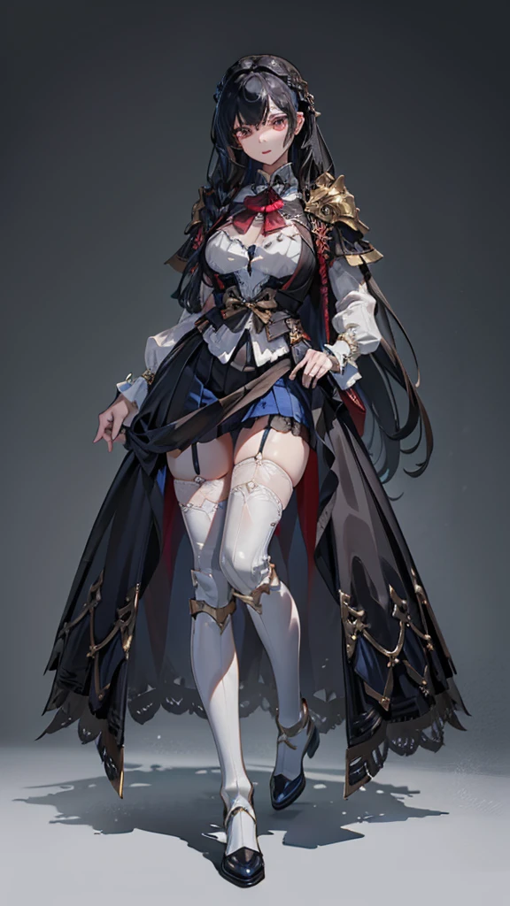 Correct body proportions，Golden ratio，braid，单条braid，Dress，蓝色Dress，Blue skirt，Black Hair，Black Hair，Golden Eyes，Golden pupils，Lace decoration，White knee socks，White garter stockings，White socks，White tights，White Silk，Black boots，Black boots，Sassy，Handsome，murderous，murderous，Vicious，cool girl，Mature girl，Busty girl，Fantasy style，Fantasy style，Close-up above the waist，Big breasts，Big breasts，Fantasy style，Dark Style，Gothic style，