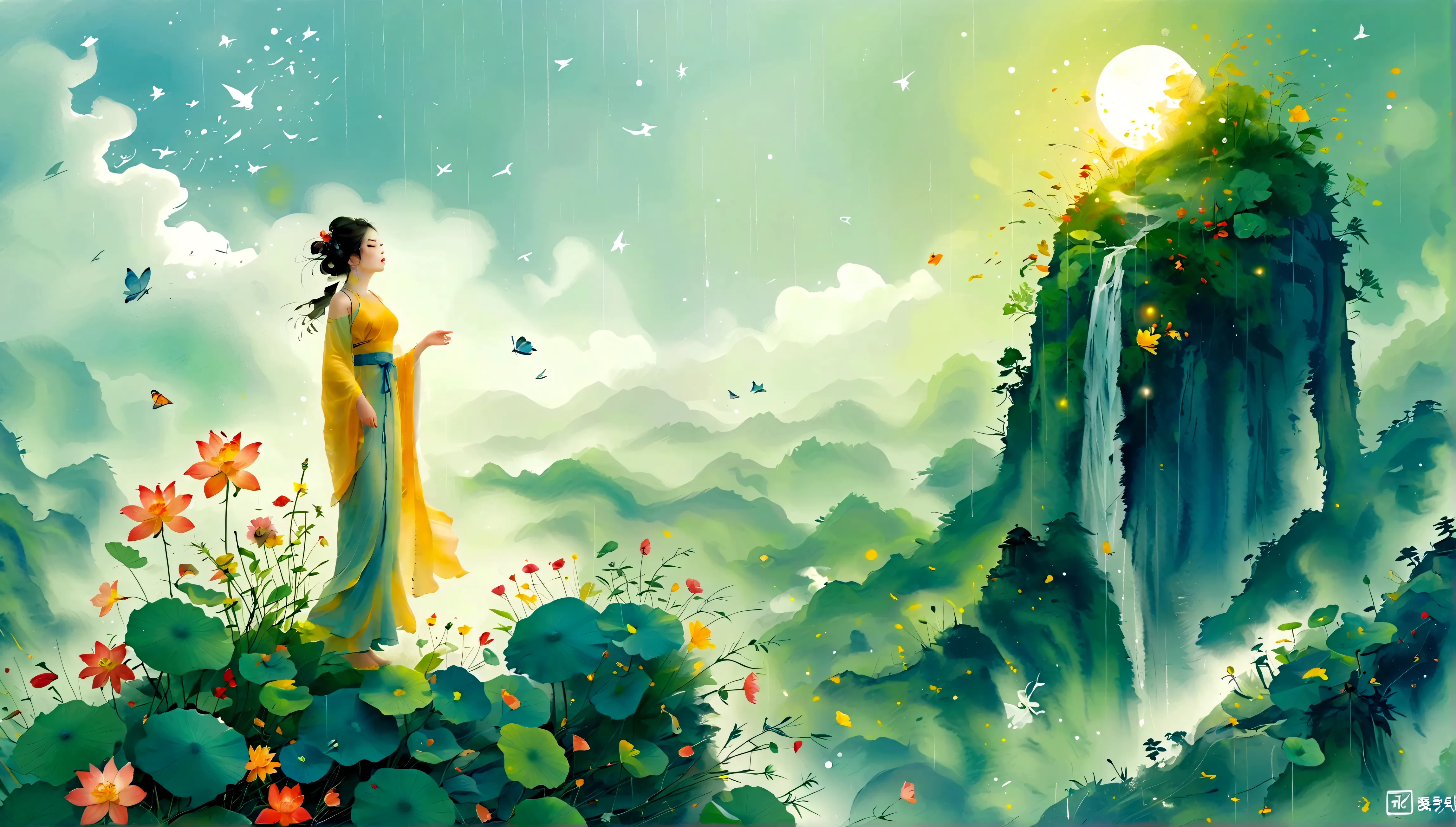 cai guorun's illustration style, 1girl, a woman in a long skirt stands on a cliff and looks up at the starry sky, goddess of spa...