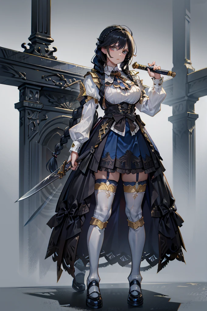 Correct body proportions，Golden ratio，braid，braid，braid，braid，Braid，One-sided braid，Single braid，Dress，Blue dress，Blue skirt，Black Hair，Black Hair，Golden Eyes，Golden pupils，Lace decoration，White knee socks，White garter stockings，White socks，White tights，White Silk，Black boots，Black boots，Sassy，Handsome，murderouurderous，Vicious，cool girl，Mature girl，Busty girl，Fantasy style，Fantasy style，Close-up above the waist，Big breasts，Big breasts，Fantasy style，Dark Style，Gothic style，Holding a big sword，holding enormous sword