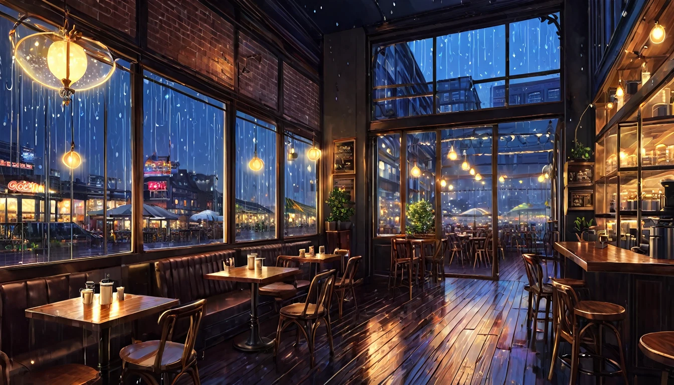 Digital illustration of a glass-walled coffee shop。The interior of the coffee shop is unified with antique-style furniture.、Wooden tables and chairs、Antique lamps are placed。Outside the glass window、A beautiful night view of the city spreads out before you、The neon lights of the buildings are shining。It's raining、Raindrops on the window glass、The street lights are reflected in a fantastic way。Overall a relaxed atmosphere、
