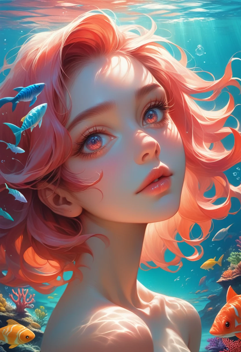 a shark girl:1.4, beautiful detailed eyes, beautiful detailed lips, extremely detailed face and features, long eyelashes, underwater ocean scene, coral reef, colorful tropical fish, sunlight filtering through the water, serene peaceful atmosphere, magical realism, vibrant colors, photorealistic, 8k, best quality, high resolution, cinematic lighting, intricate details