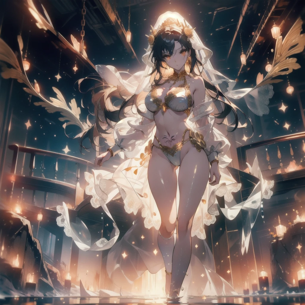 ((masterpiece, best quality)), Epic battlefield atmosphere，Delicate face，bride，whole body，Standing picture，glowing golden eyes，Large Breasts，Perfect body proportions，Pure white background，Rose，firefly，Water Ripples，Lace，Transparent sex bikini，Tattoo，chain