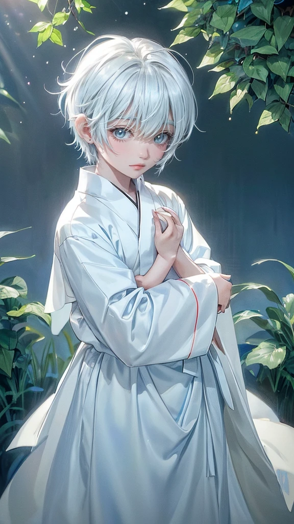 ((4K works))、​masterpiece、(top-quality)、One beautiful boy、angel wings on his back, Slim body、tall、((White japanese YUKATA))、(Detailed beautiful eyes)、Lush trees and serene fountains that finely depict the landscape of the garden's sanctuary、((Short-haired white hair))、((Smaller face))、((Neutral face))、((Bright blue eyes))、((Like a celebrity))、((Crying expression))、((sad look))、((Korean Makeup))、((elongated and sharp eyes))、((Happy dating))、((boyish))、((Upper body photography))、Professional Photos、((Shot alone))、((He is looking up at the sky under the roof))、((Shot from the side))、((Face crying in pain))、((He is looking upwards))、((His eyes are looking down))、
(Young:1.4), (Child:1.4), (Shota:1.4), (male:1.4), (boy:1.4), (divine:1.4), (divine clothes:1.4)
