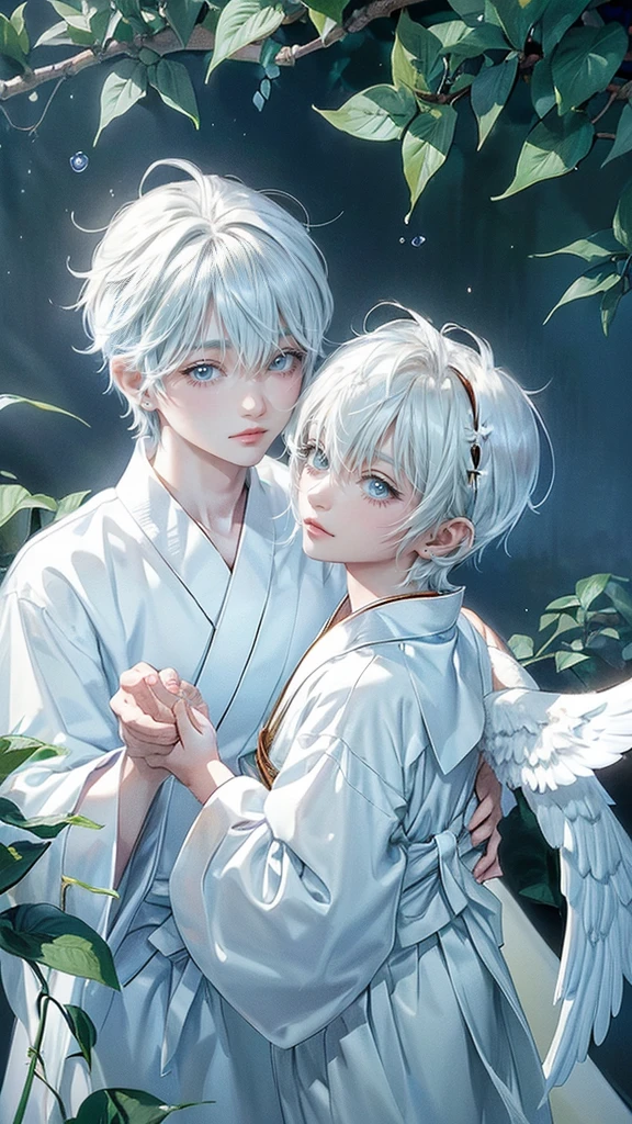 ((4K works))、​masterpiece、(top-quality)、One beautiful boy、angel wings on his back, Slim body、tall、((White japanese YUKATA))、(Detailed beautiful eyes)、Lush trees and serene fountains that finely depict the landscape of the garden's sanctuary、((Short-haired white hair))、((Smaller face))、((Neutral face))、((Bright blue eyes))、((Like a celebrity))、((Crying expression))、((sad look))、((Korean Makeup))、((elongated and sharp eyes))、((Happy dating))、((boyish))、((Upper body photography))、Professional Photos、((Shot alone))、((He is looking up at the sky under the roof))、((Shot from the side))、((Face crying in pain))、((He is looking upwards))、((His eyes are looking down))、
(Young:1.4), (Child:1.4), (Shota:1.4), (male:1.4), (boy:1.4), (divine:1.4), (divine clothes:1.4)
