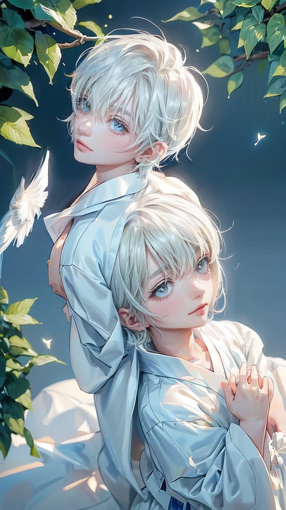 ((4K works))、​masterpiece、(top-quality)、One beautiful boy、angel wings on his back, Slim body、tall、((White japanese YUKATA))、(Detailed beautiful eyes)、Lush trees and serene fountains that finely depict the landscape of the garden's sanctuary、((Short-haired white hair))、((Smaller face))、((Neutral face))、((Bright blue eyes))、((Like a celebrity))、((Crying expression))、((sad look))、((Korean Makeup))、((elongated and sharp eyes))、((Happy dating))、((boyish))、((Upper body photography))、Professional Photos、((Shot alone))、((He is looking up at the sky under the roof))、((Shot from the side))、((Face crying in pain))、((He is looking upwards))、((His eyes are looking down))、
(Young:1.4), (Child:1.4), (Shota:1.4), (male:1.4), (boy:1.4), (divine:1.4), (divine clothes:1.4)
