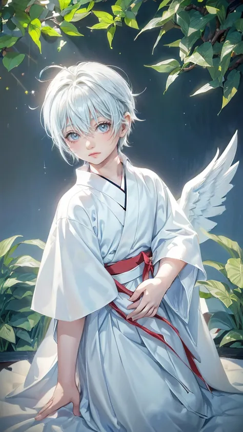 ((4K works))、​masterpiece、(top-quality)、One beautiful boy、angel wings on his back, Slim body、tall、((White japanese YUKATA))、(Det...