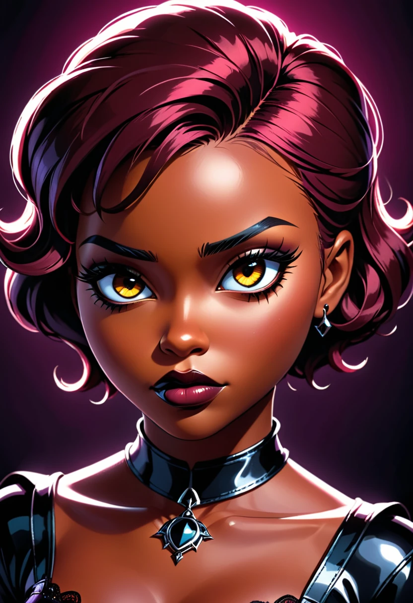 A brown-skin goth girl,beautiful detailed hazel eyes,beautiful detailed lips,extremely detailed eyes and face,long eyelashes,melancholy expression,comic book style,chiaroscuro lighting,dark moody atmosphere,dramatic shadows,high contrast,vivid colors,cinematic framing,8k,masterpiece