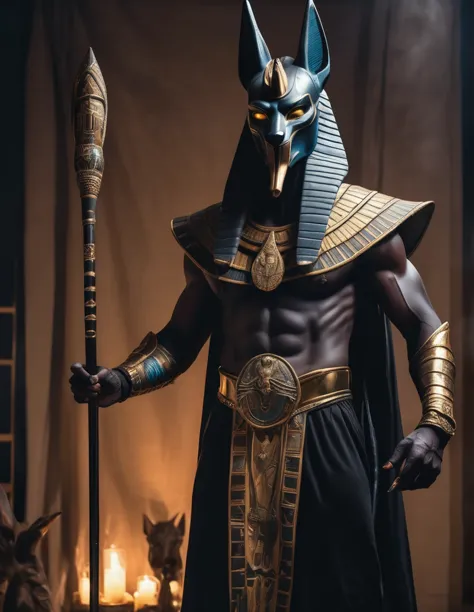 a man dressed as anubis realistic costume design, intimidating psychopathic man, anubis mask, dark energy, black costume, holdin...