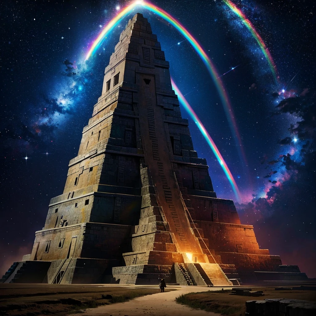 grand-père commandant, avec un balai à la main, calendrier maya, pyramide Maya avec un arc-en-ciel galactique. HD