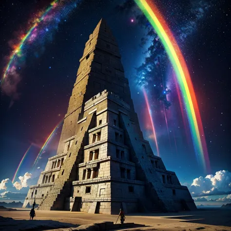 grand father commander, with a broom in the hand, Mayan calendar, Mayan pyramid with a galactic rainbow. HD