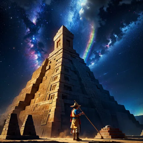grand father commander, with a broom in the hand, Mayan calendar, Mayan pyramid with a galactic rainbow. HD