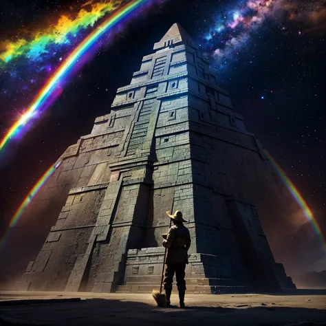 grand father commander, with a broom in the hand, Mayan calendar, Mayan pyramid with a galactic rainbow. HD