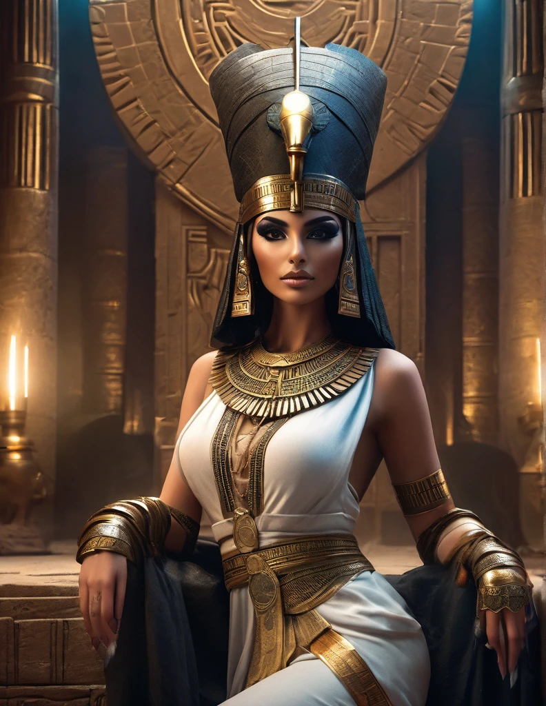 a dark fantasy photoshoot, realistic female fashion model, vogue magazine cover, inspired by ancient Egyptian goddess, realistic skin, detailed hair and face, posing as Cleopatra as Isis, Egyptian pyramids, realistic person, gothic fashion, revealing clothes, bombshell body, (best quality,4k,8k,highres,masterpiece:1.2),ultra-detailed,(realistic,photorealistic,photo-realistic:1.37),dramatic lighting,dramatic shadows,chiaroscuro,cinematic,moody,dramatic color palette,muted colors,deep saturated colors,ornate decoration,intricate details,impeccable rendering