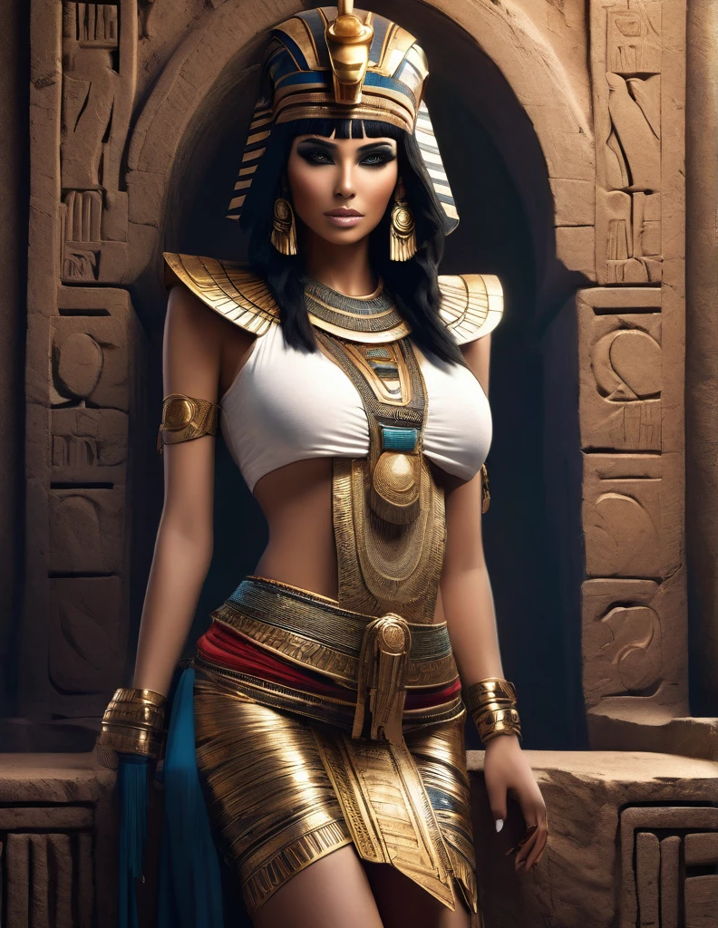 a dark fantasy photoshoot, realistic female fashion model, vogue magazine cover, inspired by ancient Egyptian goddess, realistic skin, detailed hair and face, posing as Cleopatra as Isis, Egyptian pyramids, realistic person, gothic fashion, revealing clothes, bombshell body, (best quality,4k,8k,highres,masterpiece:1.2),ultra-detailed,(realistic,photorealistic,photo-realistic:1.37),dramatic lighting,dramatic shadows,chiaroscuro,cinematic,moody,dramatic color palette,muted colors,deep saturated colors,ornate decoration,intricate details,impeccable rendering