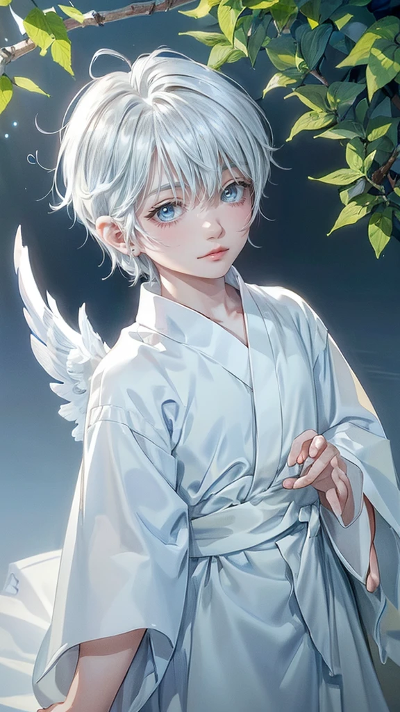 ((4K works))、​masterpiece、(top-quality)、One beautiful boy、angel wings on his back, Slim body、tall、((White japanese YUKATA))、(Detailed beautiful eyes)、Tranquility Lake , Trees and serene fountains that finely depict the landscape of the garden's sanctuary、((Short-haired white hair))、((Smaller face))、((Neutral face))、((Bright blue eyes))、((Like a celebrity))、((Crying expression))、((sad look))、((Korean Makeup))、((elongated and sharp eyes))、((Happy dating))、((boyish))、((Upper body photography))、Professional Photos、((Shot alone))、((He is looking up at the sky under the roof))、((Shot from the side))、((Face crying in pain))、((He is looking upwards))、((His eyes are looking down))、
(Young:1.4), (Child:1.4), (Shota:1.4), (male:1.4), (boy:1.4), (divine:1.4), (divine clothes:1.4)
