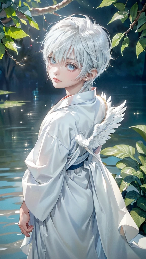 ((4K works))、​masterpiece、(top-quality)、One beautiful boy、angel wings on his back, Slim body、tall、((White japanese YUKATA))、(Detailed beautiful eyes)、Tranquility Lake , Trees and serene fountains that finely depict the landscape of the garden's sanctuary、((Short-haired white hair))、((Smaller face))、((Neutral face))、((Bright blue eyes))、((Like a celebrity))、((Crying expression))、((sad look))、((Korean Makeup))、((elongated and sharp eyes))、((Happy dating))、((boyish))、((Upper body photography))、Professional Photos、((Shot alone))、((He is looking up at the sky under the roof))、((Shot from the side))、((Face crying in pain))、((He is looking upwards))、((His eyes are looking down))、
(Young:1.4), (Child:1.4), (Shota:1.4), (male:1.4), (boy:1.4), (divine:1.4), (divine clothes:1.4)
