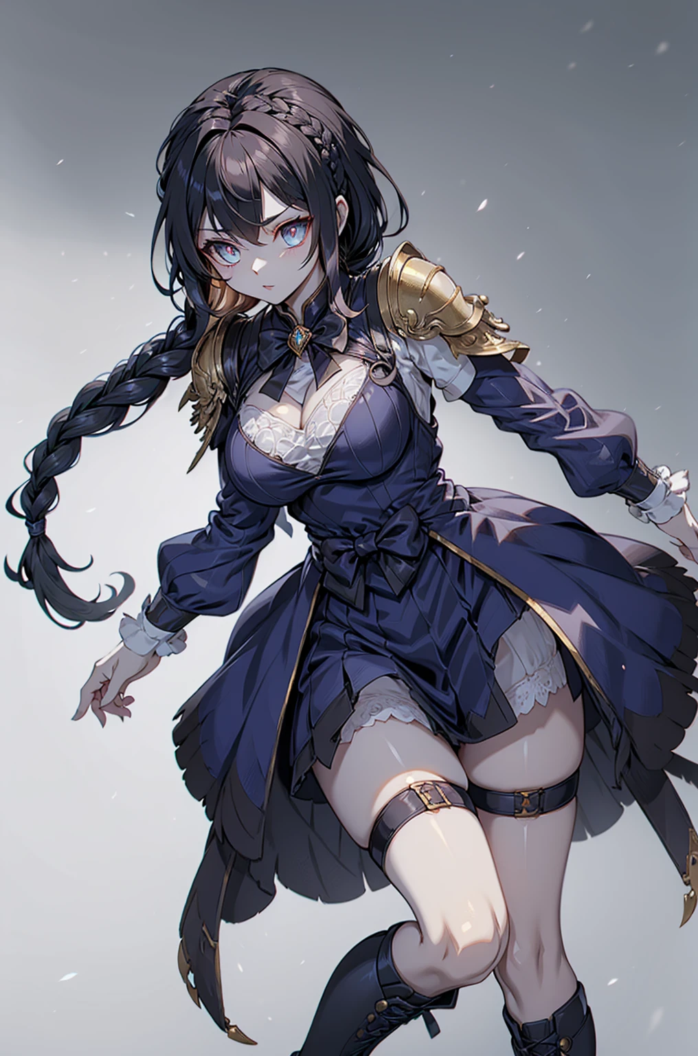 Correct body proportions，Golden ratio，braid，braid，braid，braid，Braid，One-sided braid，Single braid，Dress，Blue dress，Blue skirt，Black Hair，Black Hair，Golden Eyes，Golden pupils，Golden Eyes，Golden Eyes，Golden pupils，Lace decoration，White knee socks，White garter stockings，White socks，White tights，White Silk，Waist，Waist，Waist，Black boots，Black boots，Sassy，Handsome，murderouurderous，Vicious，cool girl，Mature girl，Busty girl，Fantasy style，Fantasy style，Close-up above the waist，Big breasts，Big breasts，Fantasy style，Dark Style，Gothic style