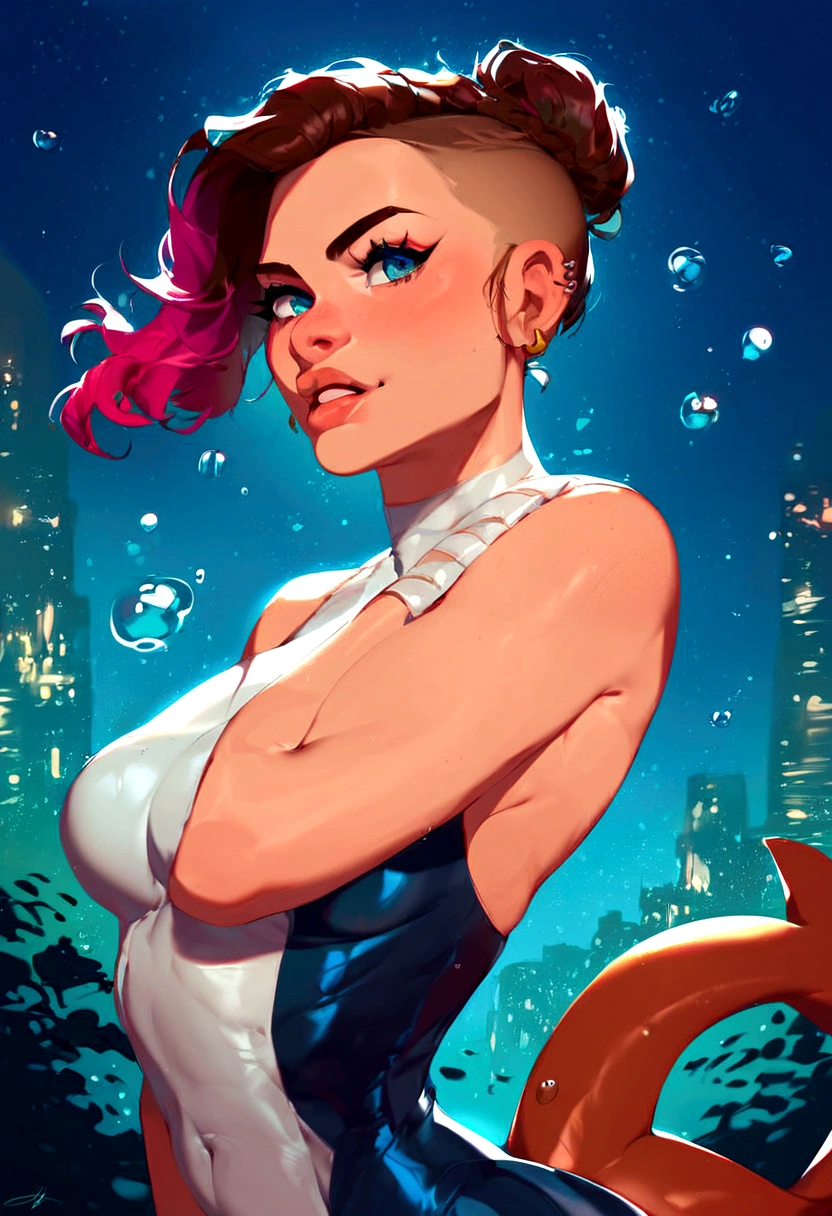 score_9, score_8_up, score_7_up, score_6_up, score_5_up, score_4_up, 1girl, A shark girl navigating a bustling, underwater city at night. She has a sleek, aquatic aesthetic with a streamlined shark tail and light skin tight suit. Her hair is cut short, colored in shades of blue. The cityscape behind her is filled with towering skyscrapers, 1950 advertisements, and bathyspheres. She looks confident and determined, ready to take on any challenges the urban jungle throws at her. Highly detailed, vibrant colors, 1950's elements, dynamic lighting.