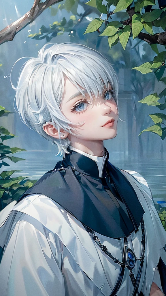 ((4K works))、​masterpiece、(top-quality)、One beautiful boy、Slim body、tall、((Black  priest's uniform ))、(Detailed beautiful eyes)、Tranquility Lake , Trees and serene fountains that finely depict the landscape of the garden's sanctuary、((Short-haired white hair))、((Smaller face))、((Neutral face))、((Bright blue eyes))、((Like a celebrity))、((Crying expression))、((sad look))、((Korean Makeup))、((elongated and sharp eyes))、((Happy dating))、((boyish))、((Upper body photography))、Professional Photos、((Shot alone))、((He is looking up at the sky under the roof))、((Shot from the side))、((Face crying in pain))、((He is looking upwards))、((His eyes are looking down))、
