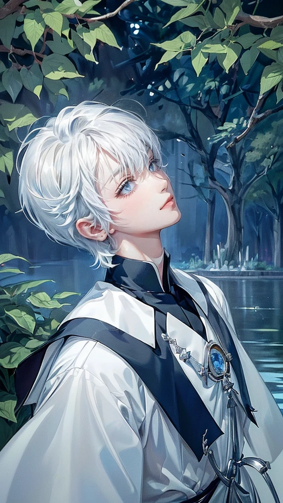 ((4K works))、​masterpiece、(top-quality)、One beautiful boy、Slim body、tall、((Black  priest's uniform ))、(Detailed beautiful eyes)、Tranquility Lake , Trees and serene fountains that finely depict the landscape of the garden's sanctuary、((Short-haired white hair))、((Smaller face))、((Neutral face))、((Bright blue eyes))、((Like a celebrity))、((Crying expression))、((sad look))、((Korean Makeup))、((elongated and sharp eyes))、((Happy dating))、((boyish))、((Upper body photography))、Professional Photos、((Shot alone))、((He is looking up at the sky under the roof))、((Shot from the side))、((Face crying in pain))、((He is looking upwards))、((His eyes are looking down))、
