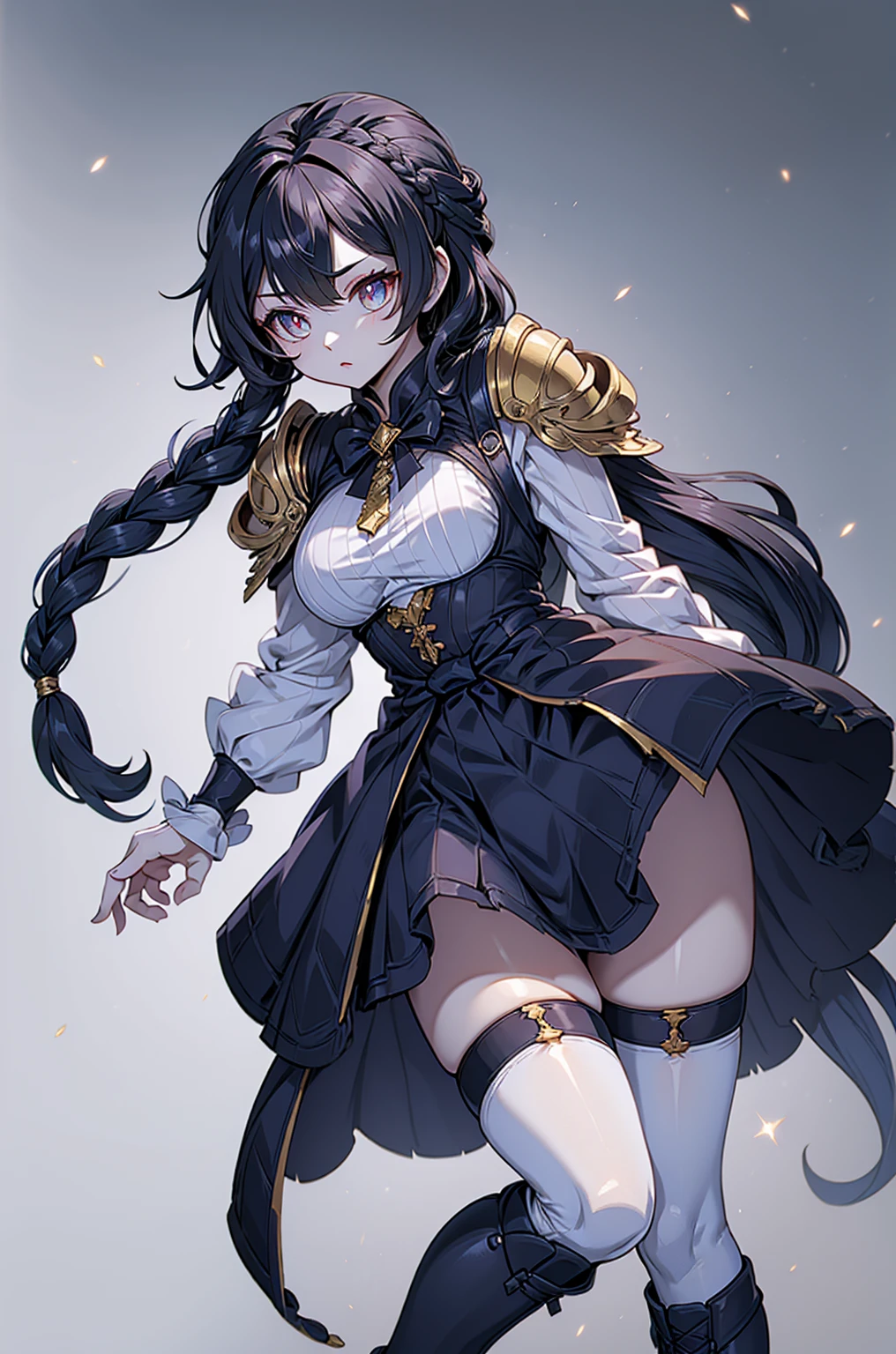 Correct body proportions，Golden ratio，braid，braid，braid，braid，Braid，单侧braid，单条braid，Dress，蓝色Dress，Blue skirt，Off-shoulder装，Off-shoulder，Black Hair，Black Hair，Golden Eyes，Golden pupils，Golden Eyes，Golden Eyes，Golden pupils，White lace trim，White knee socks，White garter stockings，White knee socks，White socks，White tights，White Silk，Waist，Waist，Waist，Black boots，Black boots，Sassy，Handsome，murderous，murderous，Vicious，cool girl，Mature girl，Busty girl，Fantasy style，Fantasy style，Close-up above the waist，Big breasts，Big breasts，Fantasy style，Dark Style，Gothic style